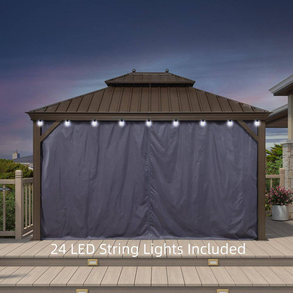 11 Ft. X 13 Ft. Bronze Patio Outdoor Gazebo Backyard Hardtop Aluminum Frame with Hooks, Netting Blue Curtain 24-Lights