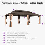 13 Ft.X 20 Ft.Bronze Aluminum Power-Coated Frame Galvanized Steel Double Roof Hardtop Gazebo,Hooks,Netting,Khaki Curtain