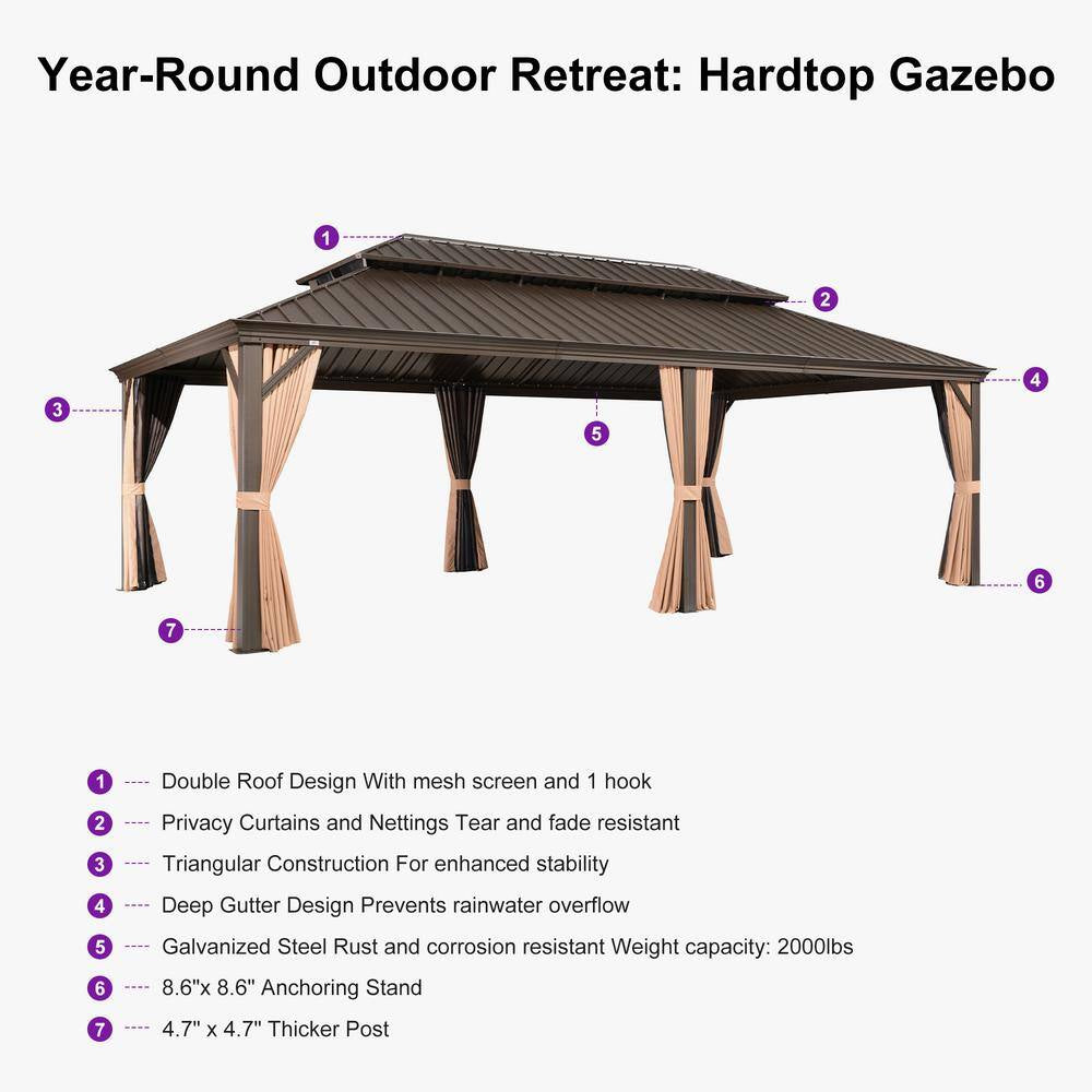 13 Ft.X 20 Ft.Bronze Aluminum Power-Coated Frame Galvanized Steel Double Roof Hardtop Gazebo,Hooks,Netting,Khaki Curtain