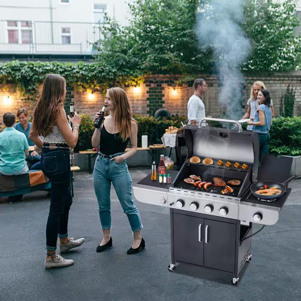 Outdoor BBQ 4-Burner Propane Grill in Silver and Black, Stainless Steel Gas Grill with Side Burner and Thermometer