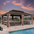 14 Ft.X 20 Ft.Bronze Patio Outdoor Gazebo for Backyard Hardtop Aluminum Frame with Hooks,Netting,Khaki Curtain,48-Lights