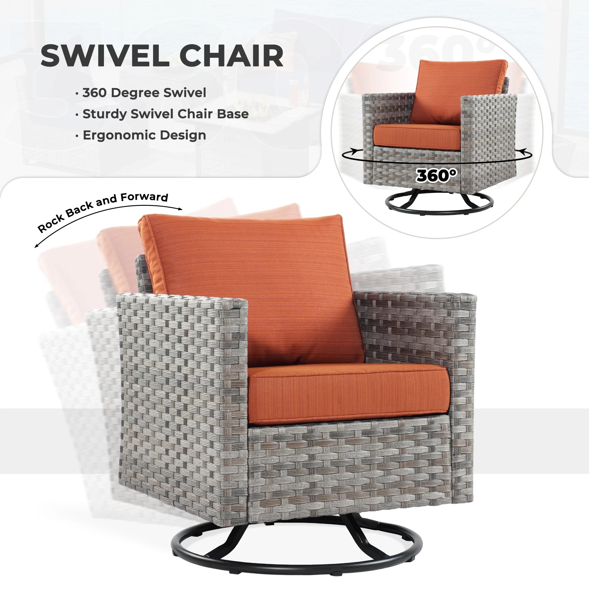 16 Pieces Outdoor Furniture All-Weather Patio Conversation Set Wicker Sectional Sofa with Gas Fire Pit Swivel Rocking Chair,Orange Cushion