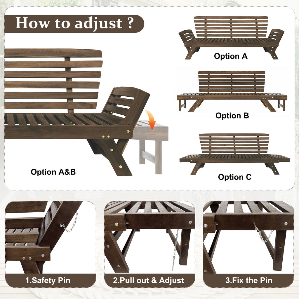 Outdoor Adjustable Patio Wooden Daybed Sofa Chaise Lounge with Cushions