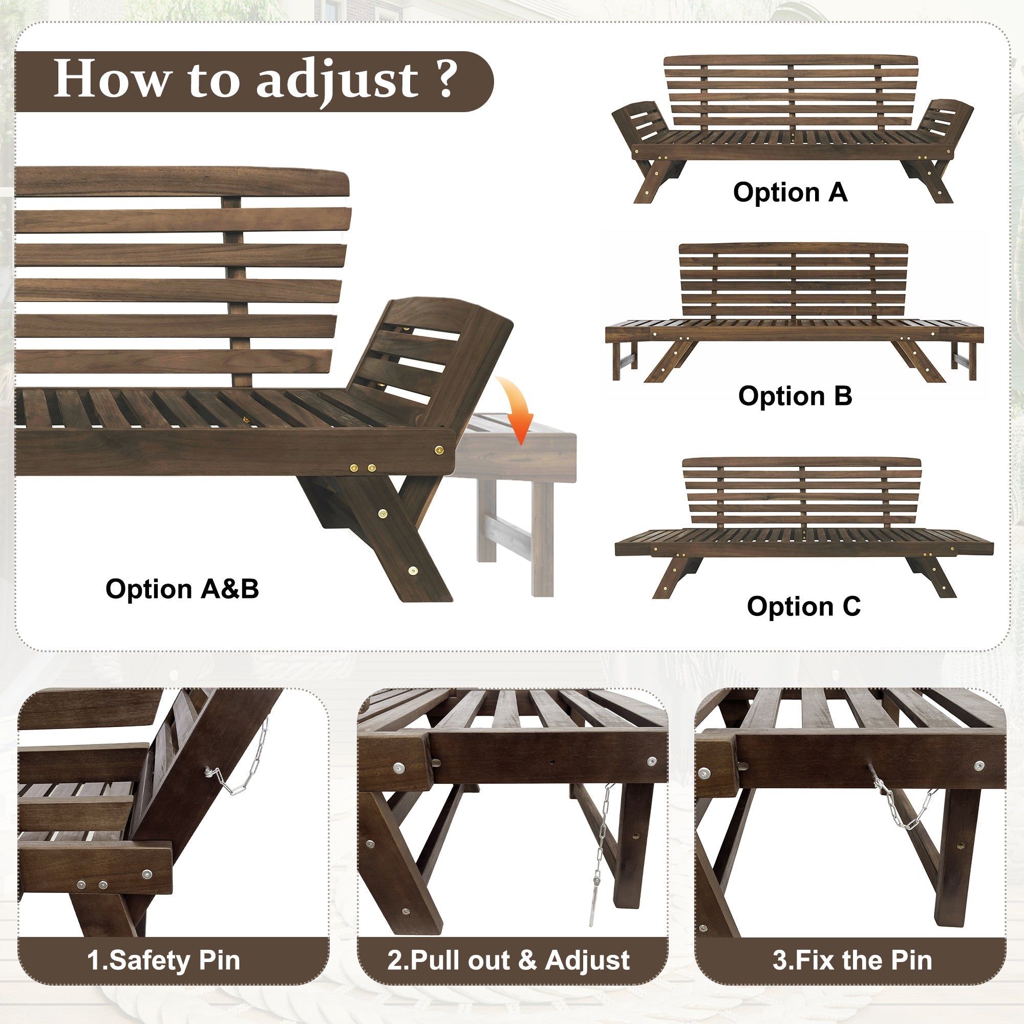 Outdoor Adjustable Patio Wooden Daybed Sofa Chaise Lounge