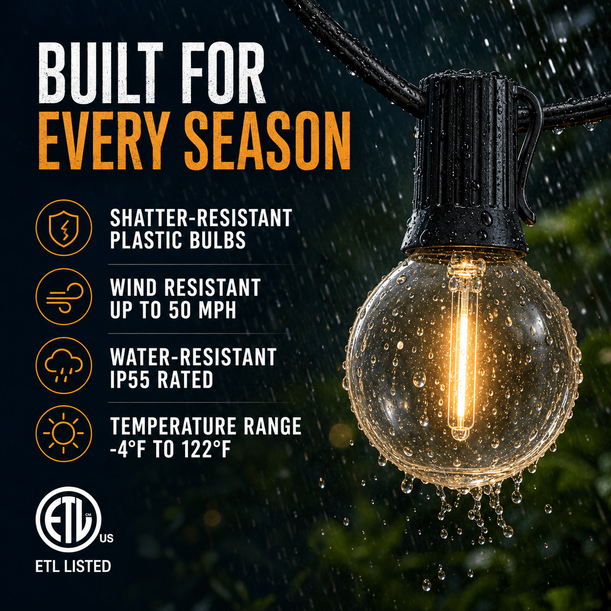27 Ft Pro - Globe Solar LED Outdoor String Lights – Waterproof, G40 Retro Edison Filament Bulbs -Warm White