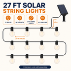 27 Ft Pro - Globe Solar LED Outdoor String Lights – Waterproof, G40 Retro Edison Filament Bulbs -Warm White