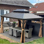 10 Ft.X 13 Ft.Bronze Aluminum Power-Coated Frame Galvanized Steel Double Roof Hardtop Gazebo,Hooks,Netting,Khaki Curtain