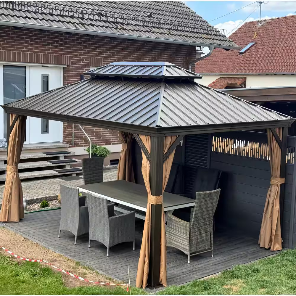 10 Ft.X 13 Ft.Bronze Aluminum Power-Coated Frame Galvanized Steel Double Roof Hardtop Gazebo,Hooks,Netting,Khaki Curtain