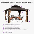 13 Ft. X 13 Ft. Bronze Patio Outdoor Gazebo for Backyard Hardtop Aluminum Frame Hooks, Netting, Khaki Curtain, 24-Lights
