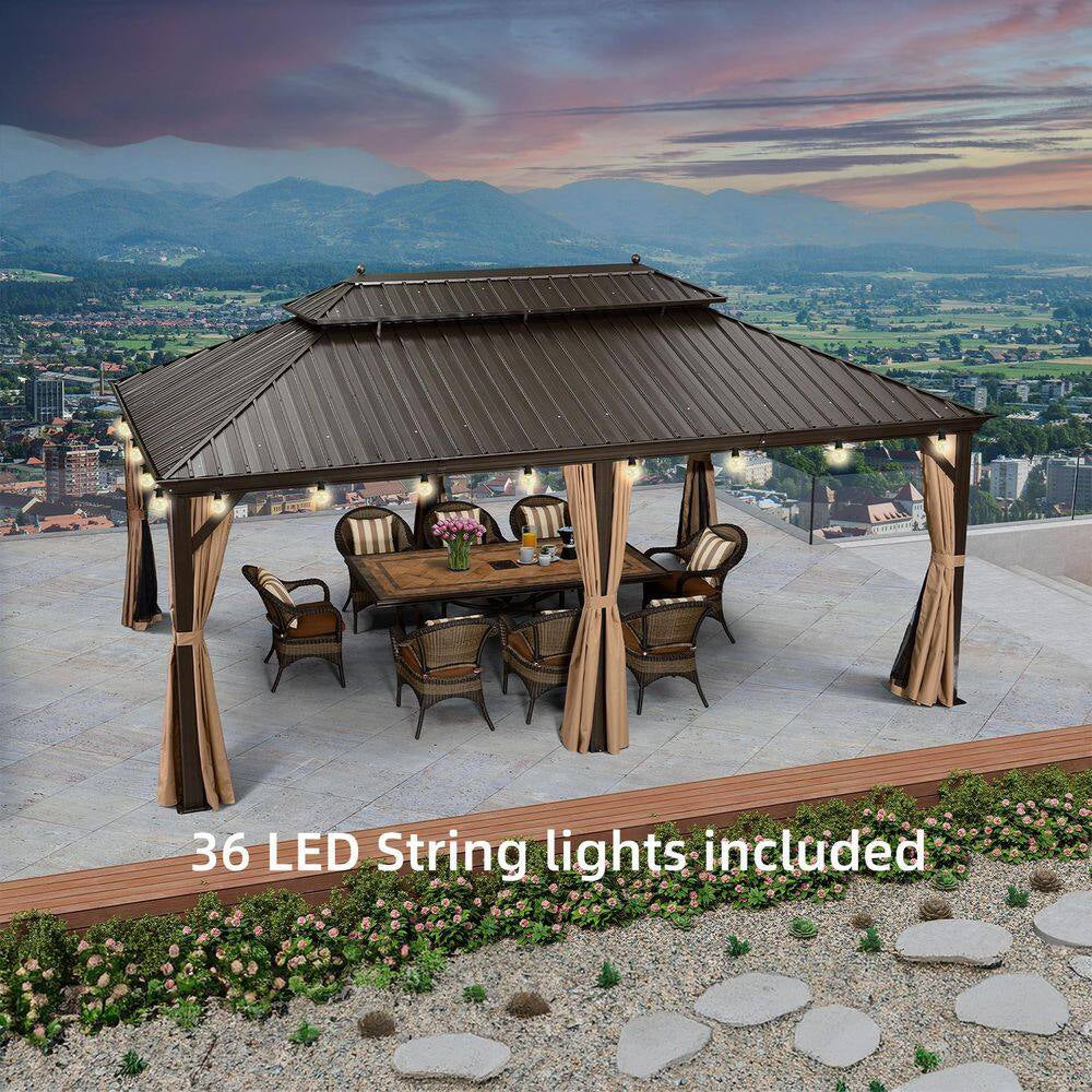 12 Ft. X 20 Ft. Bronze Patio Outdoor Gazebo for Backyard Hardtop Aluminum Frame Hooks, Netting, Khaki Curtain, 36-Lights