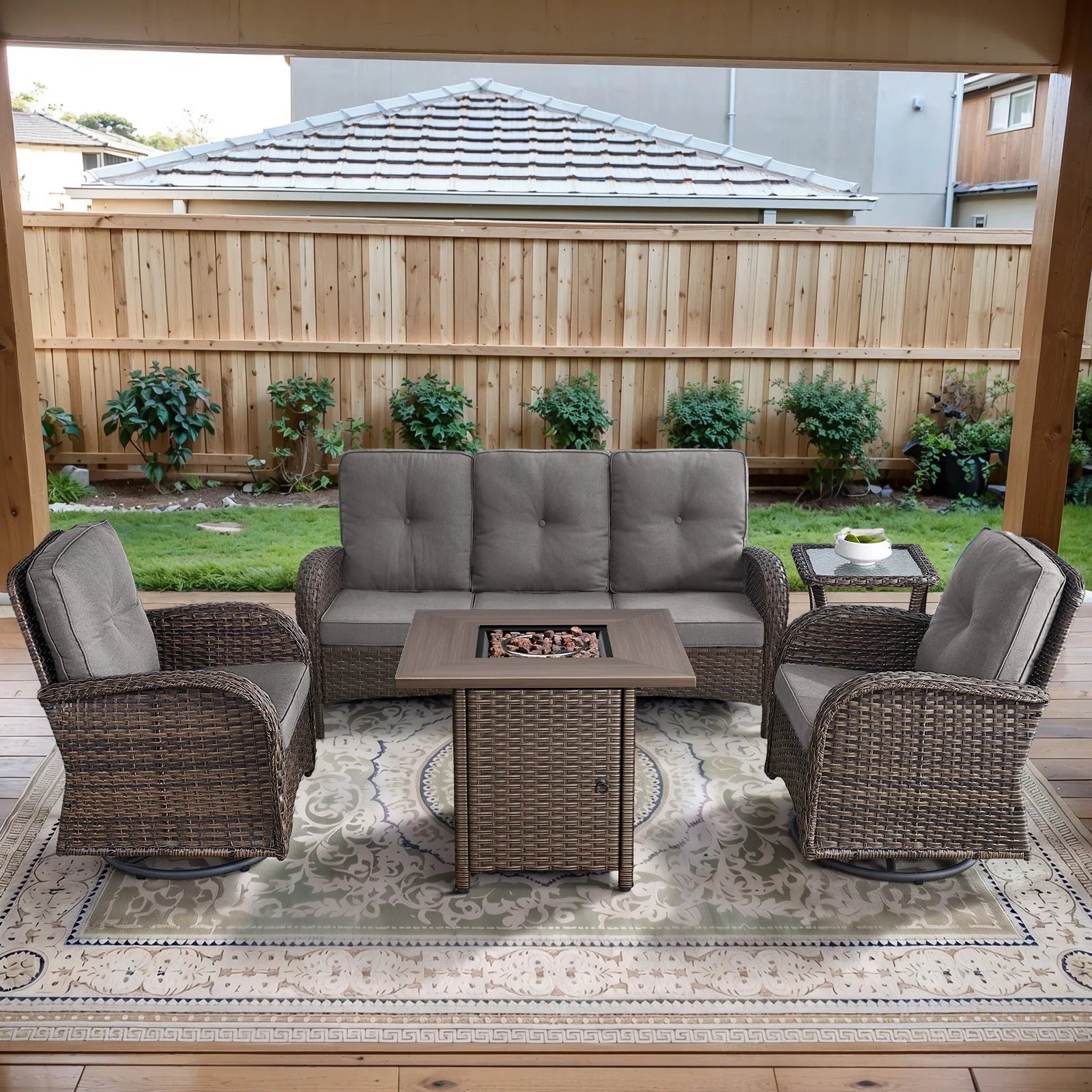Outdoor Fire Pit Conversation Set, 3-Seat Sofa & Chairs Patio Furniture Set