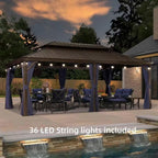 12 Ft. X 20 Ft. Bronze Patio Outdoor Gazebo for Backyard Hardtop Aluminum Frame Hooks, Netting, Blue Curtain, 36-Lights