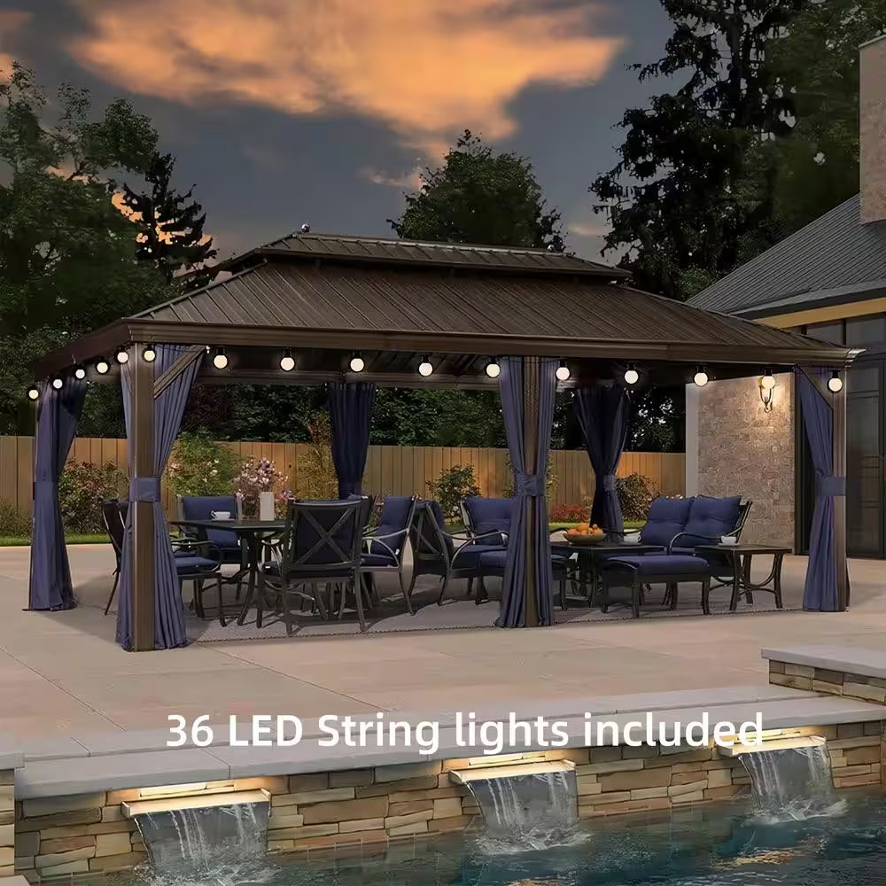 12 Ft. X 20 Ft. Bronze Patio Outdoor Gazebo for Backyard Hardtop Aluminum Frame Hooks, Netting, Blue Curtain, 36-Lights