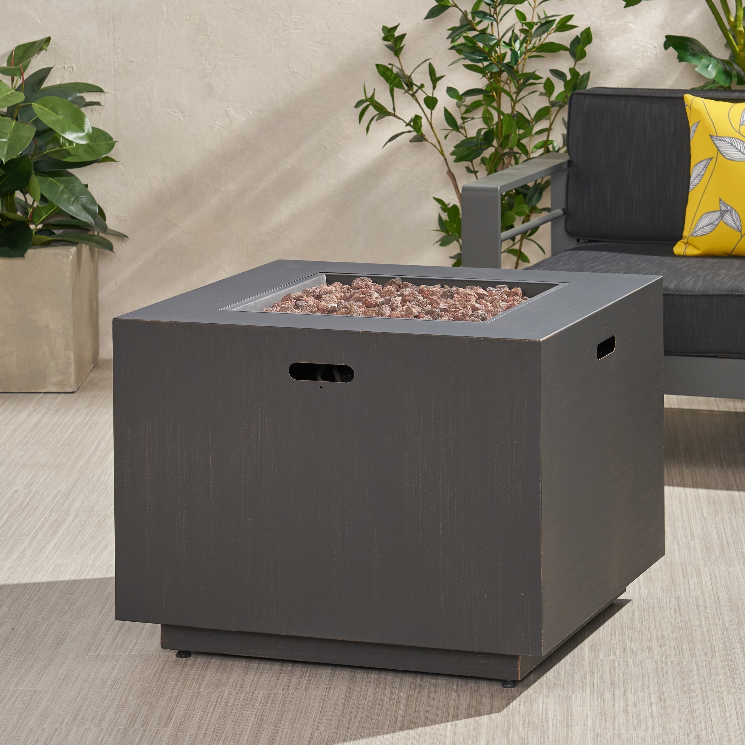 Outdoor Iron Square Propane Fire Pit - Brushed Brown