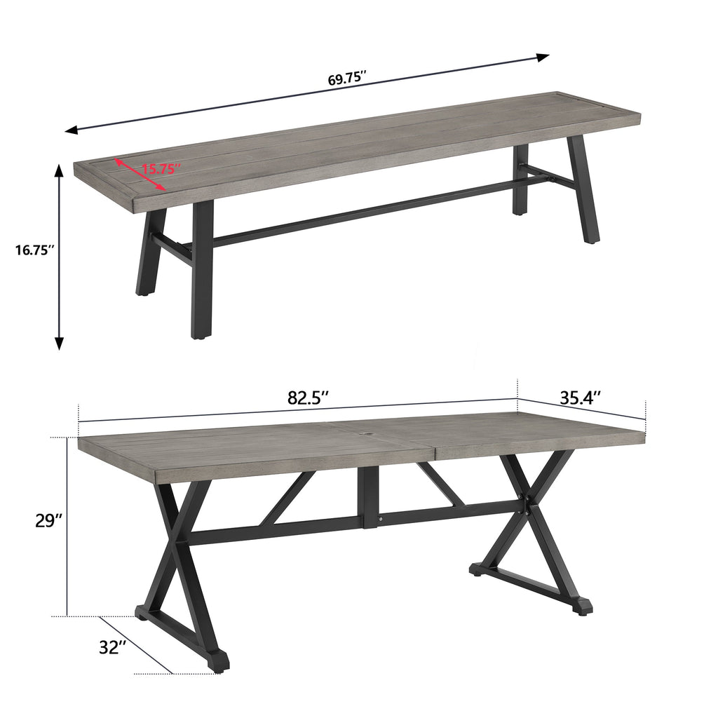 3- Piece Patio Dining Set Outdoor Aluminum Rectangular Dining Table and Steel Outdoor Bench