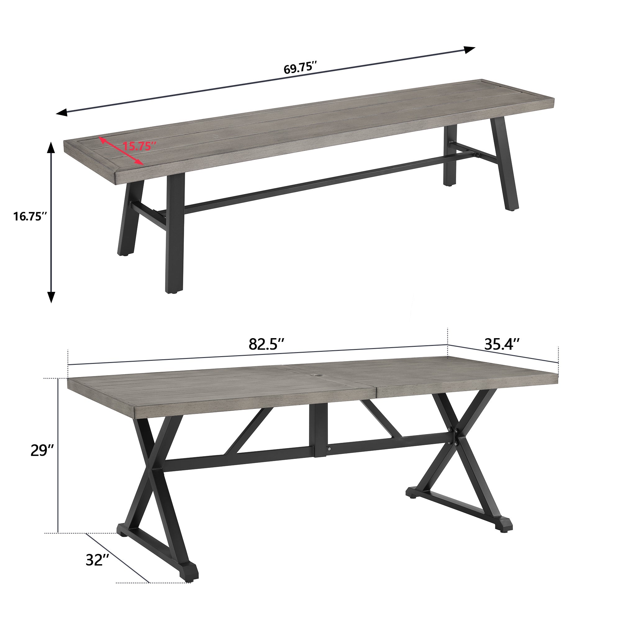 3- Piece Patio Dining Set Outdoor Aluminum Rectangular Dining Table and Steel Outdoor Bench