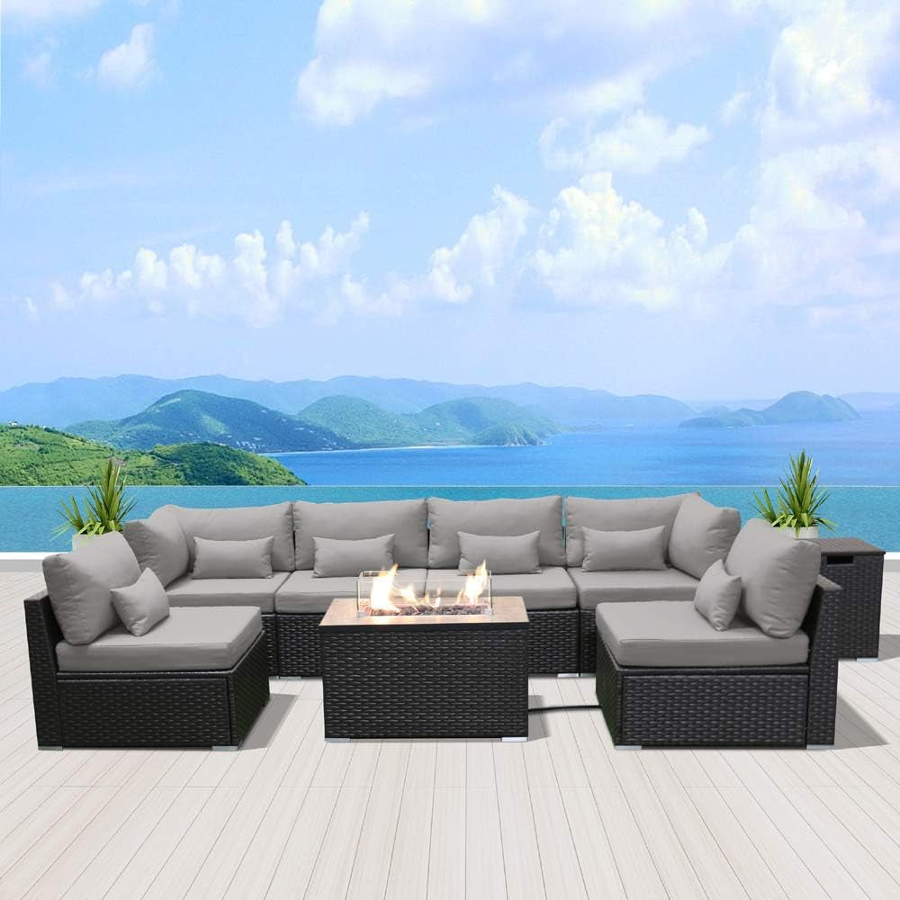 Outdoor Patio Furniture Set Wicker Rattan Patio Conversation Set with Fire Pit Table Sectional Sofa Set Seating Furniture with Thickened Cushion (Light Gray - Rectangular Fire Pit Table)