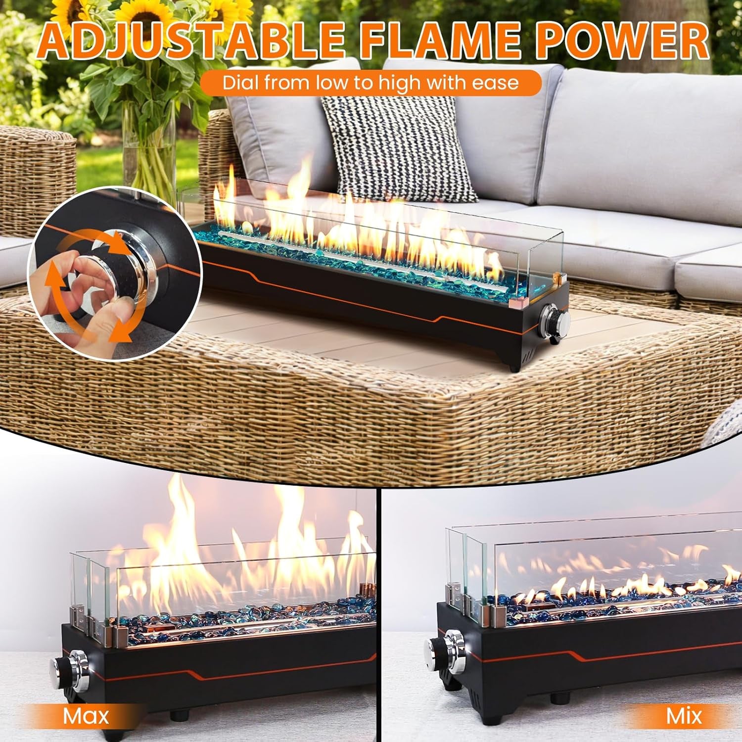 28" Table Top Propane Fire Pit, 45,000 BTU Tabletop Gas Fire Pit, Tabletop Firepit for Patio, Outdoor Portable Fireplace, Rectangular Fire Bowl with Glass Wind Guard, Glass Beads & Cover