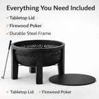 Fire Chief Wood Burning Fire Pit with Tabletop Lid – Modern Outdoor Metal Fire Pit for Patio & Backyard – Premium Heavy Duty Fire Pit Bowl with Multi-Use Side Table (Decorative Bowl)