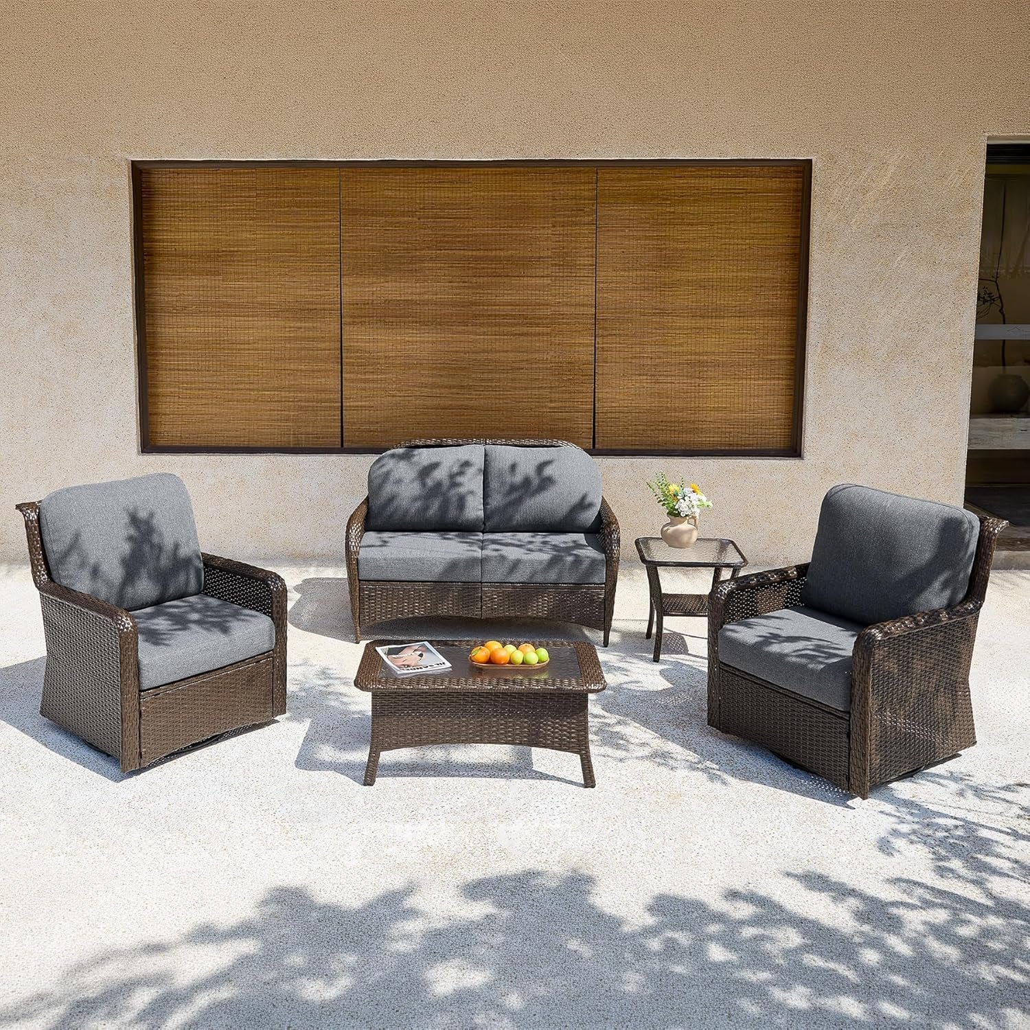 Tribesigns 5-Piece Outdoor Wicker Patio Furniture Set with 2 Swivel Chairs, 1 Loveseat & 2 Tables, Wicker Patio Chair Set with 26.8'' Deep Seat, Luxury Conversation Set for Porch, Yard, Brown/Gray