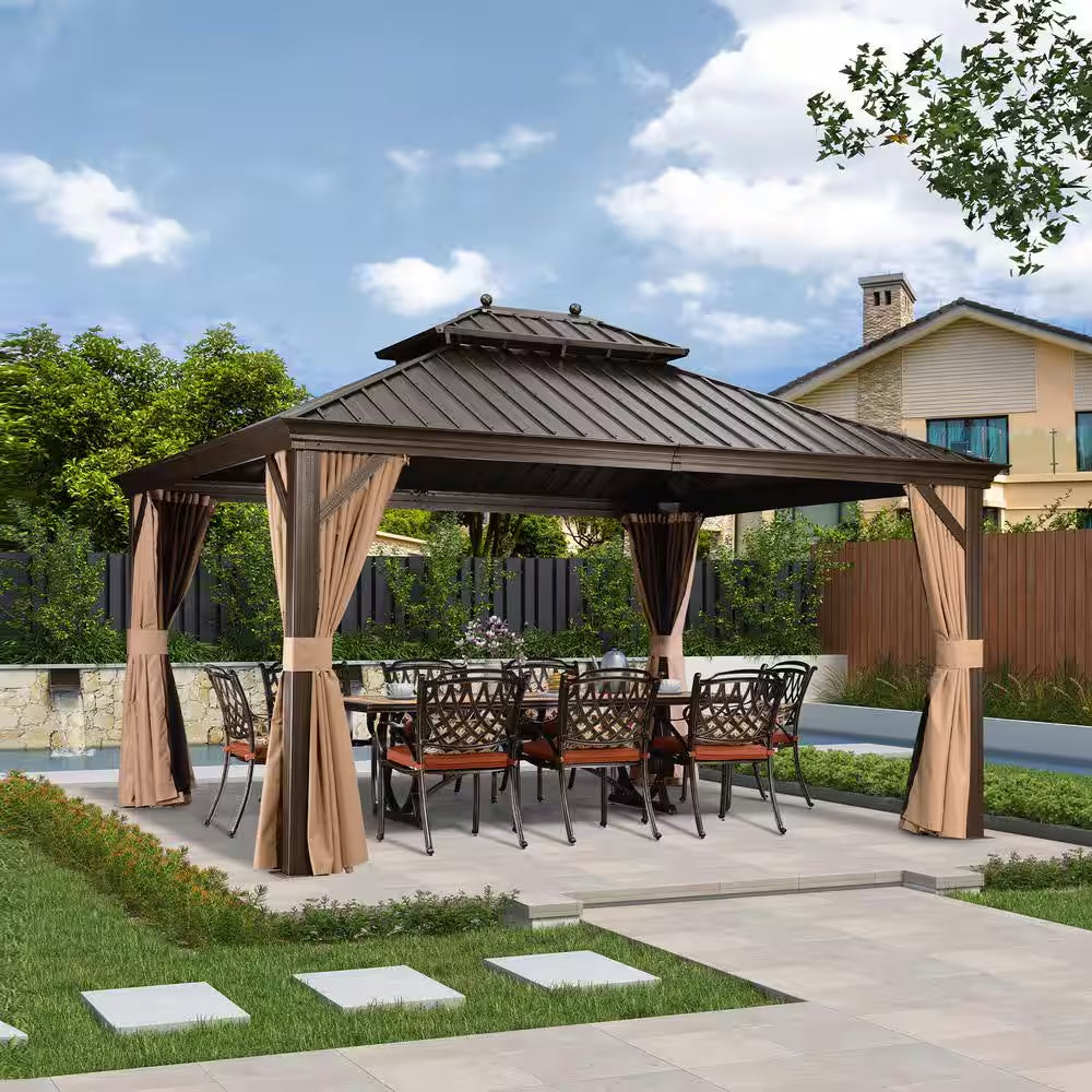 12 Ft.X 14 Ft.Bronze Aluminum Power-Coated Frame Galvanized Steel Double Roof Hardtop Gazebo,Hooks,Netting,Khaki Curtain