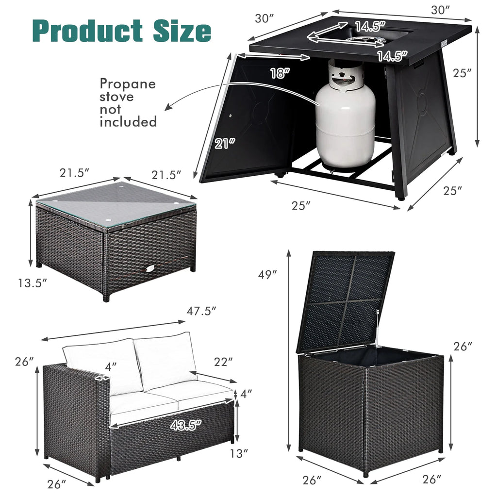 5-Piece Outdoor Patio Furniture Set with 50,000 BTU Propane Fire Pit Table Patio PE Wicker Conversation Set with Cushions Storage Box and Tempered Glass Coffee Table Navy