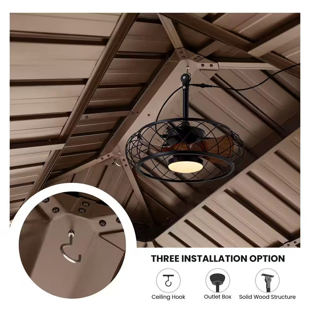 21 In. Smart Indoor/Outdoor Industrial Black Caged Plug-In Ceiling Fans with Dimmable LED with Remote Included