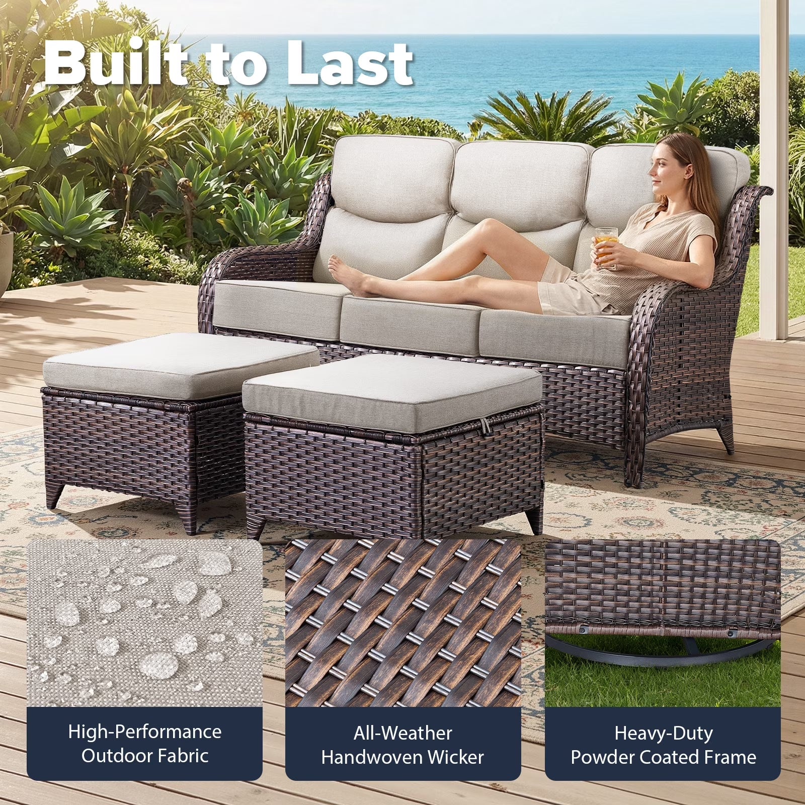 6 Pieces Luxury Outdoor Patio Furniture Sets Outdoor Conversation Sets with Swivel Rocker Patio Chairs with 6" Thick Cushion,Sofa and Glass Coffee Table for Porch Deck Backyard Poolside