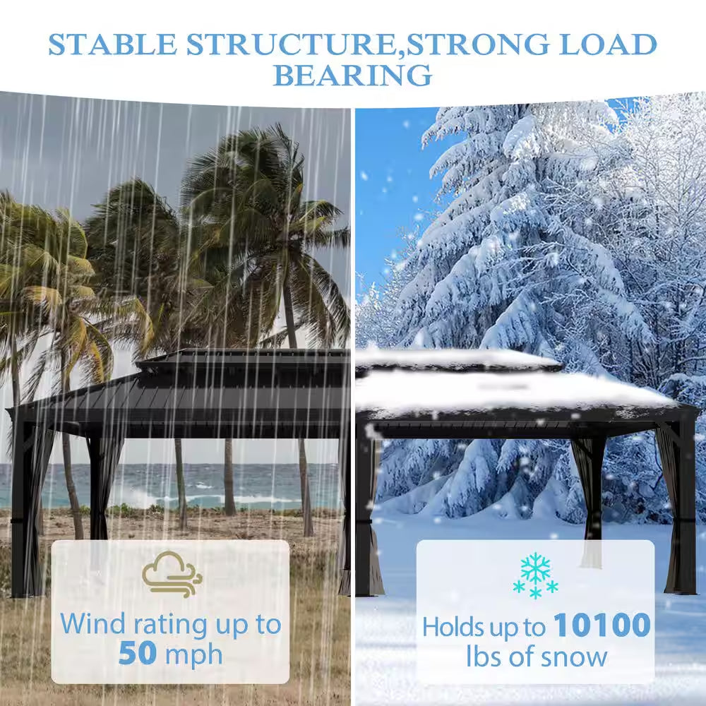 24 Ft. W X 14 Ft. D Aluminum Hardtop Gazebo with Galvanized Double Roof and Textilene Netting