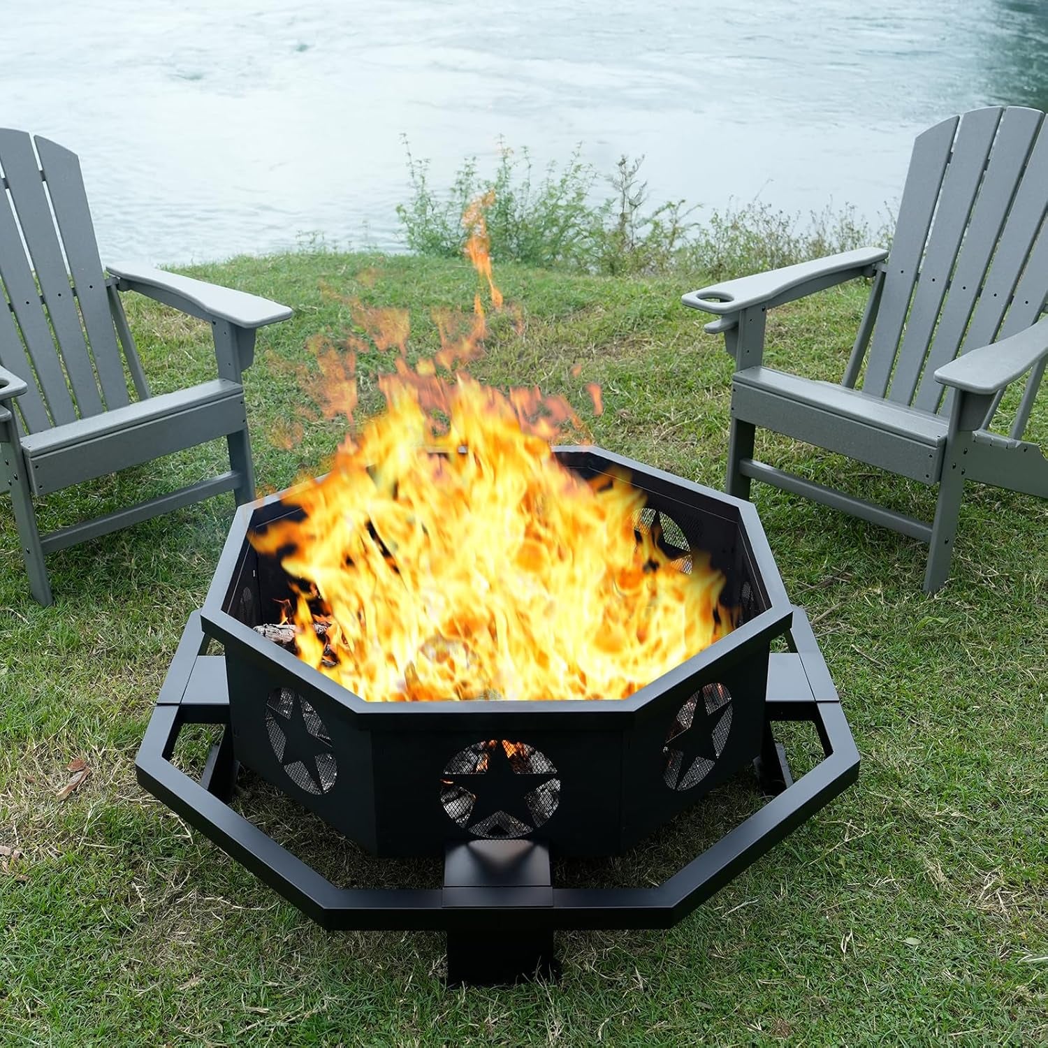 45 Inch Large Fire Pit, Outdoor Fire Pit with Heavy Duty Construction, Wood Burning Fire Pits for outside Octagonal Firepit for Camping, Backyard, Patio, Black