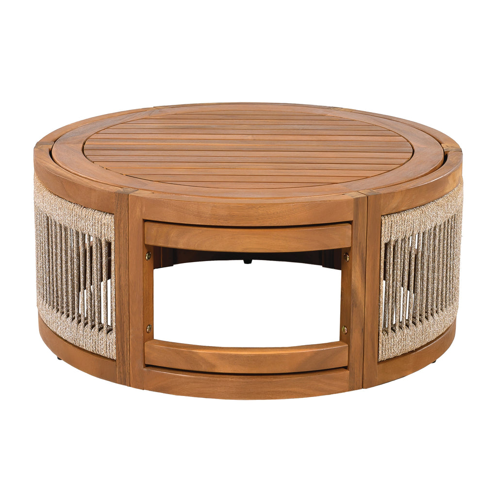 Acacia Wood Outdoor Coffee Table with Handwoven Rope Accent