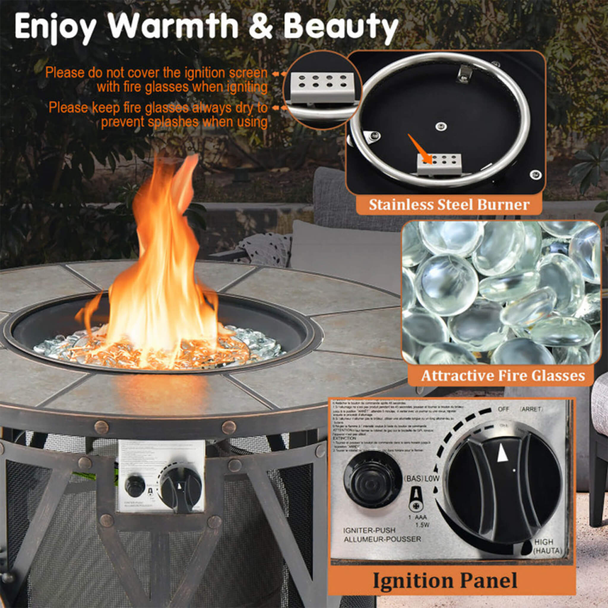 Alora 30K BTU Premium Outdoor Patio Gas Fire Pit Table with Fire Glass and Cover, 32"
