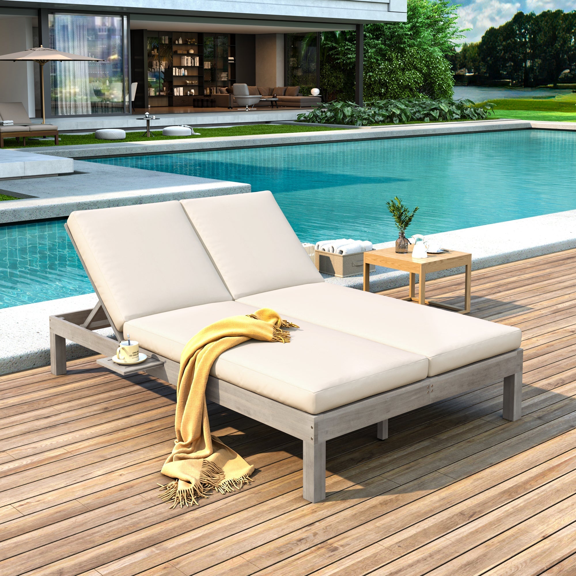 5-Position Adjustable Backrest Double Chaise Lounge Outdoor