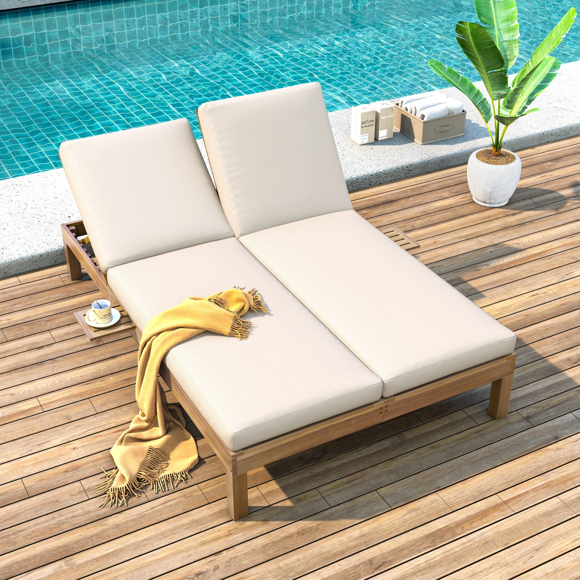 5-Position Adjustable Backrest Double Chaise Lounge Outdoor