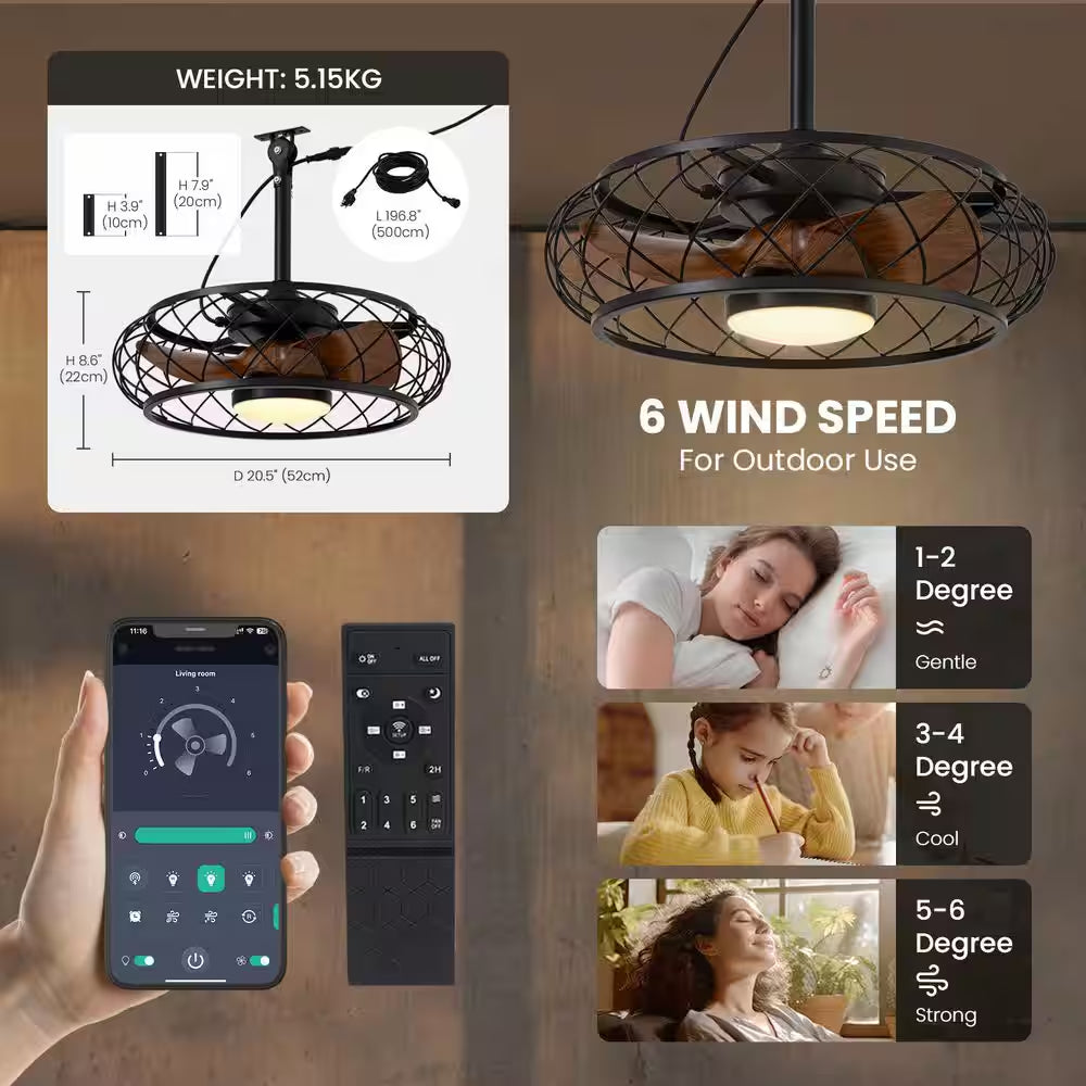 21 In. Smart Indoor/Outdoor Industrial Black Caged Plug-In Ceiling Fans with Dimmable LED with Remote Included