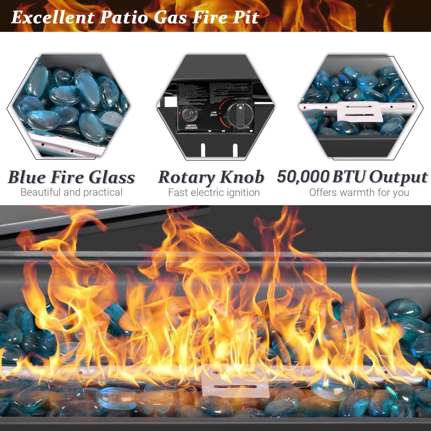 44" Propane Gas Fire Pit Table 50,000 BTU Outdoor Rectangular Firepit with Lid, Rain Cover for outside Garden Backyard Deck Patio, Black