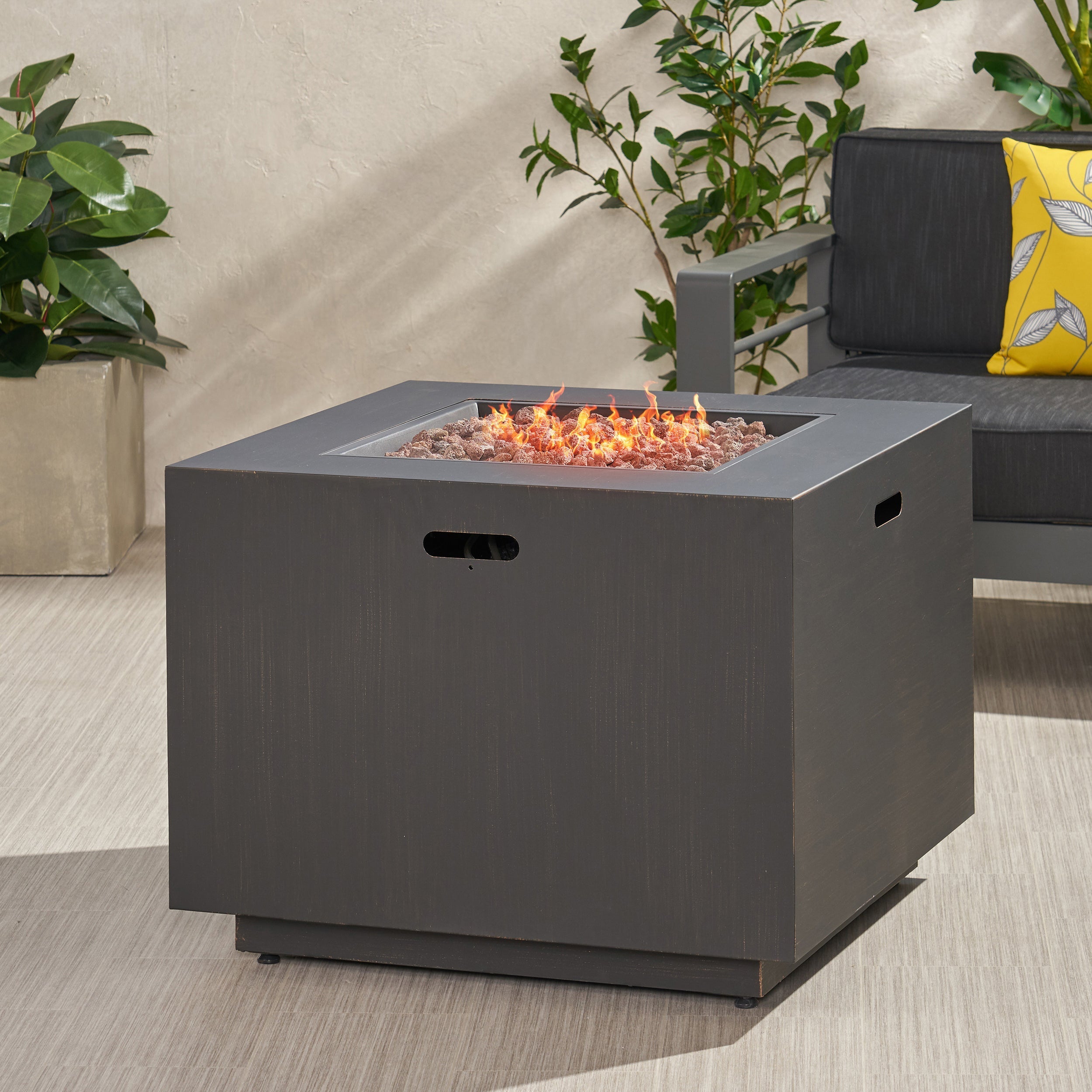 Outdoor Iron Square Propane Fire Pit - Brushed Brown