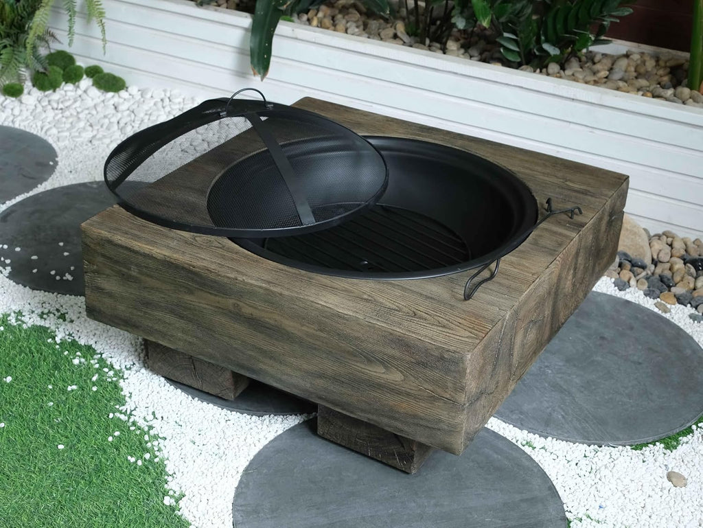 Outdoor Wood Burning Fire Pit with Wood Grain Design, Magnesium Oxide, Antique Dark Grey, 27.4” X 24.4” X 18” for Garden and Patio
