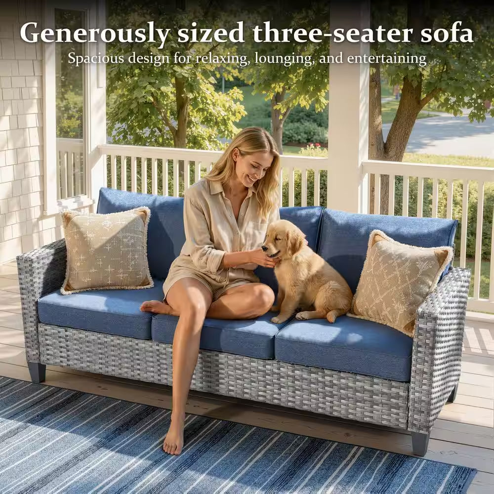 New Vultros Gray 7-Piece Wicker Outdoor Patio Conversation Seating Set with Blue Cushions