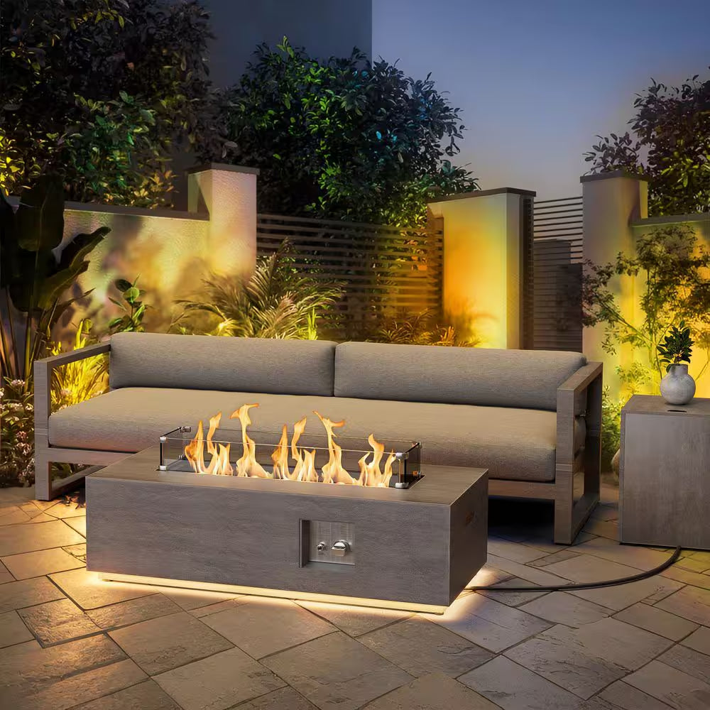 42 In. 50,000 BTU Rectangle Outdoor Propane Gas Fire Pit Table in Gray with Golden LED Light