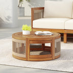 Acacia Wood Outdoor Coffee Table with Handwoven Rope Accent