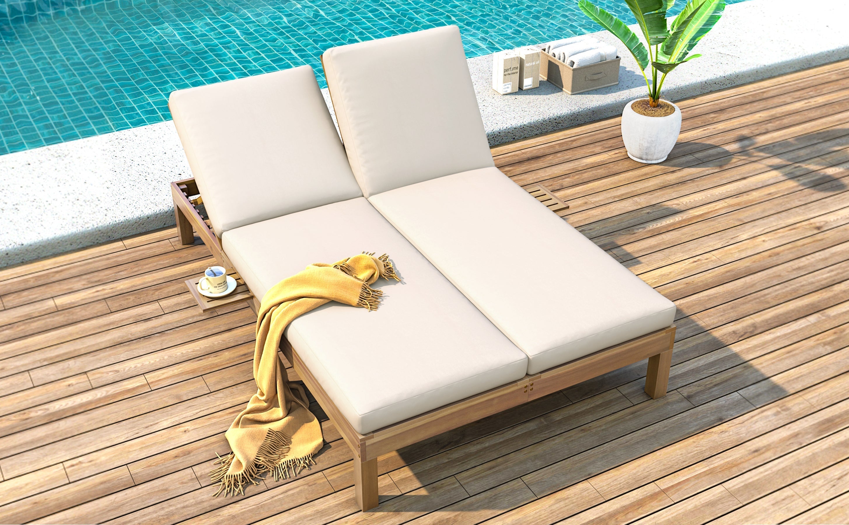 5-Position Adjustable Backrest Double Chaise Lounge Outdoor