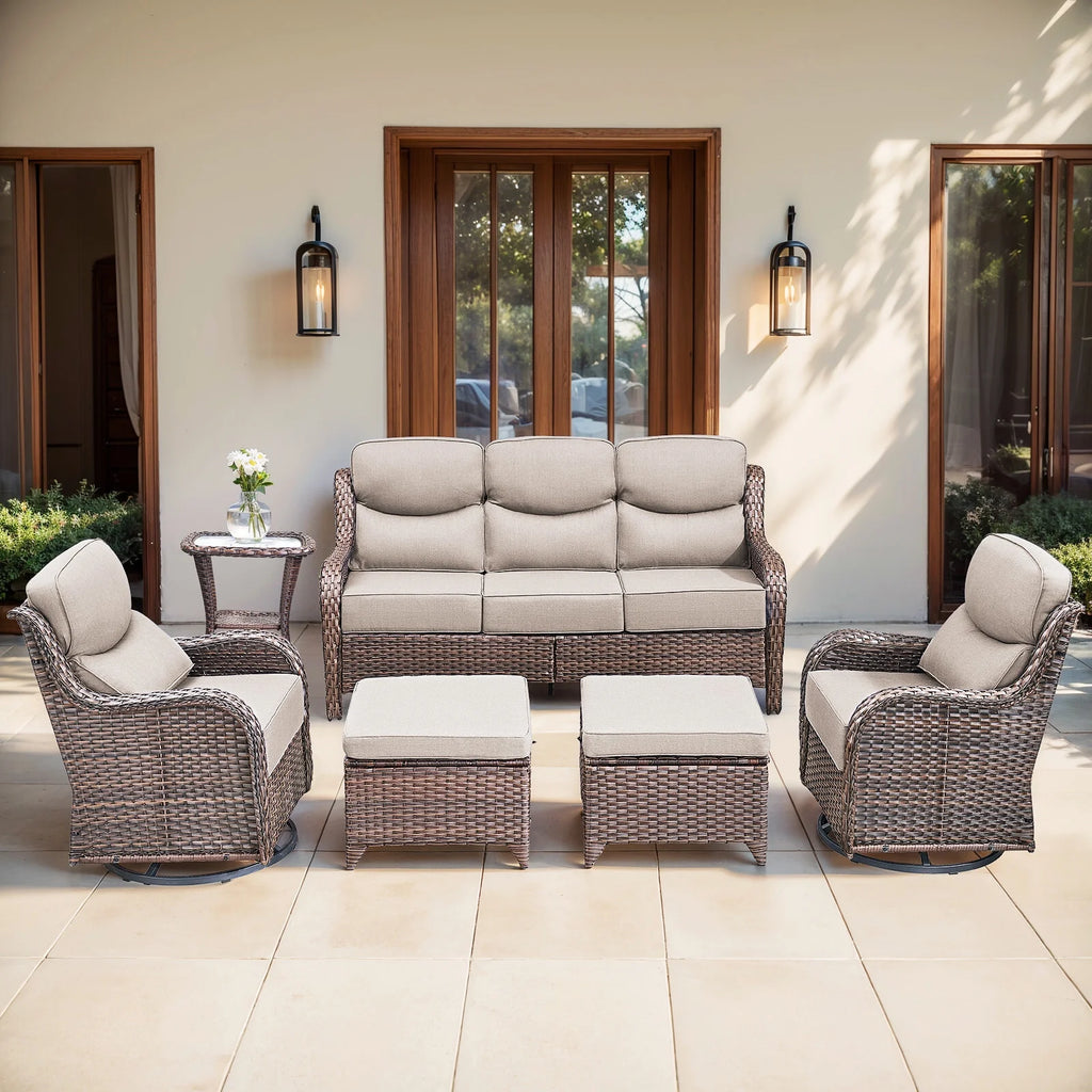 6 Pieces Luxury Outdoor Patio Furniture Sets Outdoor Conversation Sets with Swivel Rocker Patio Chairs with 6" Thick Cushion,Sofa and Glass Coffee Table for Porch Deck Backyard Poolside