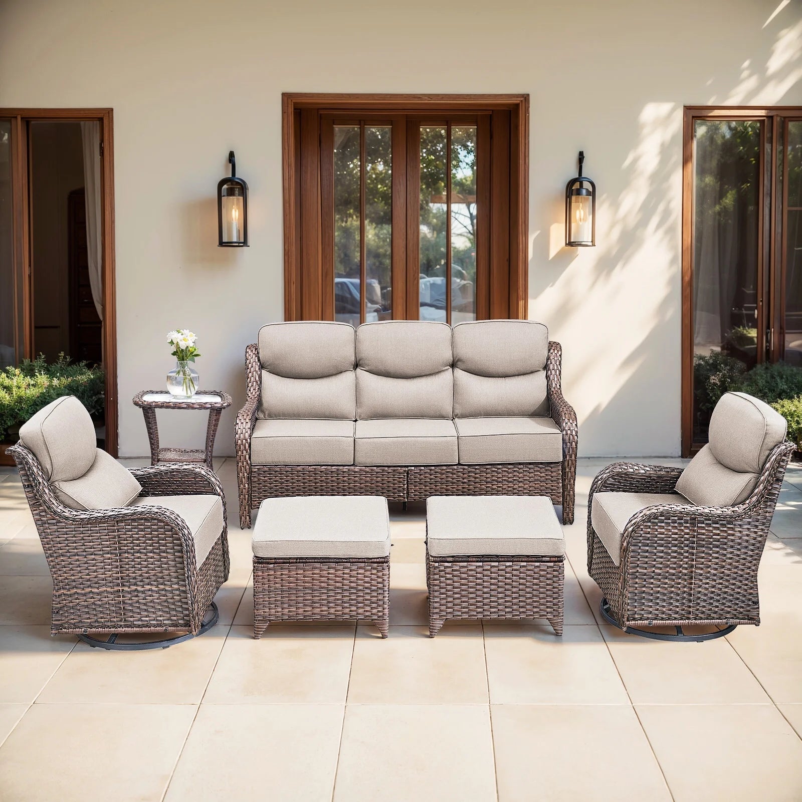 6 Pieces Luxury Outdoor Patio Furniture Sets Outdoor Conversation Sets with Swivel Rocker Patio Chairs with 6" Thick Cushion,Sofa and Glass Coffee Table for Porch Deck Backyard Poolside