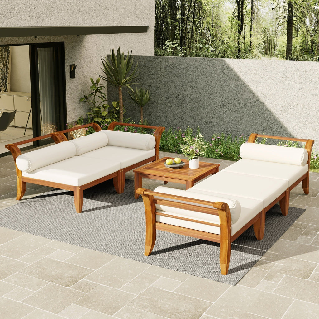 6- Piece Acacia Wood Outdoor Modular Sectional with Daybed and Tea Table