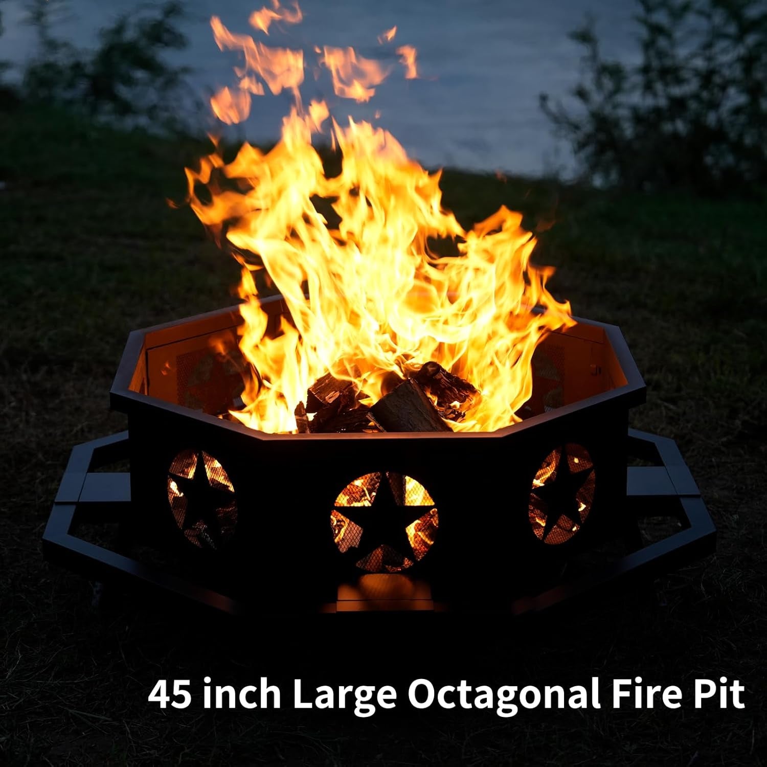 45 Inch Large Fire Pit, Outdoor Fire Pit with Heavy Duty Construction, Wood Burning Fire Pits for outside Octagonal Firepit for Camping, Backyard, Patio, Black