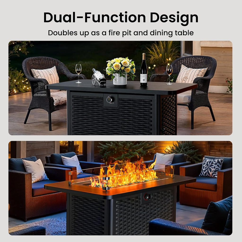 43" Rectangular Propane Fire Pit with RGB Lighting Strip – 60,000 BTU Gas Fire Pit Table, Glass Stones, Wind Guard, Adjustable Flame, Outdoor Fire Pit for Patio & Garden, Black
