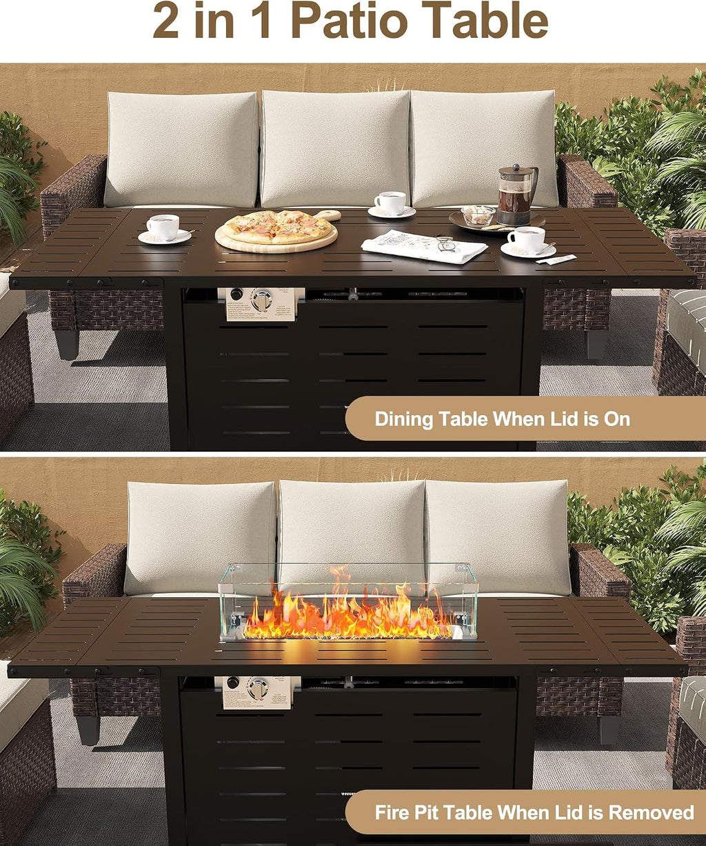 55" Propane Fire Pit Table, 48000 BTU Gas Fire Pit Table with Ignition System, Outdoor Fire Table with Glass Rocks for Patio Garden Backyard, Rain Cover and Wind Guard Glass Included