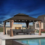 13 Ft. X 17 Ft. Bronze Patio Outdoor Gazebo for Backyard Hardtop Aluminum Frame, Hooks,Netting,Khaki Curtain, 36-Lights