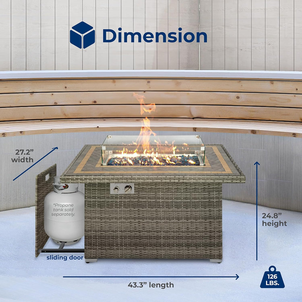 Sturdy Wicker Base Propane Fire Pit Table with Tile Top, Patio Heater & Propane Heater, Sliding Door, Stainless Steel Burner, Tempered Glass Wind Guard, 50000 BTU, Weather Resistant